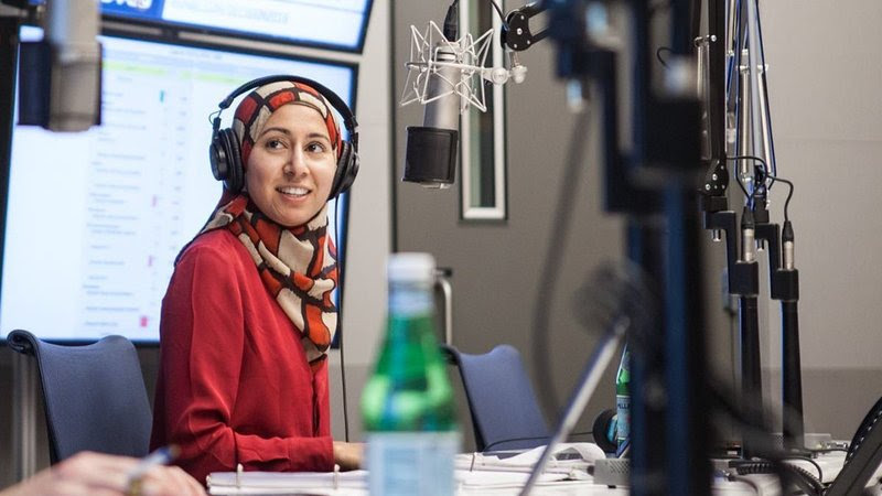 NPR reporter Asma Khalid during a live broadcast. (Credit: Ariel Zambelich/NPR)